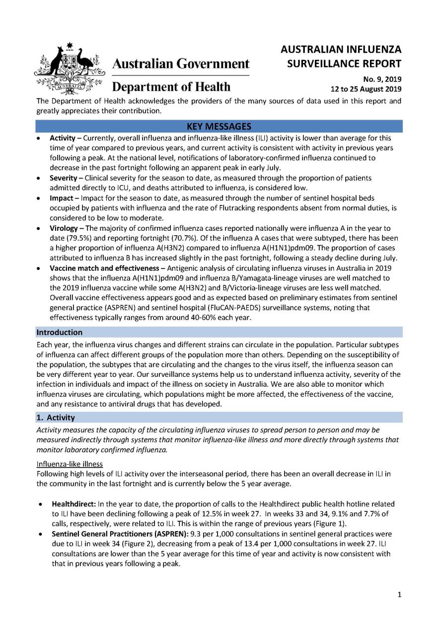 Cover image for Australian Influenza Surveillance Report 9 2019