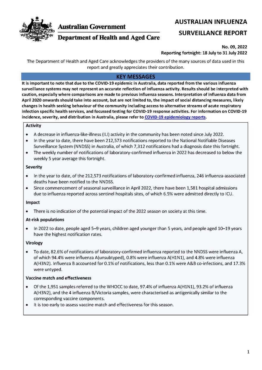 Cover image for Australian Influenza Surveillance Report 9 2022