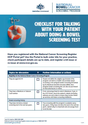 National Bowel Cancer Screening Program – Checklist for talking with your patients