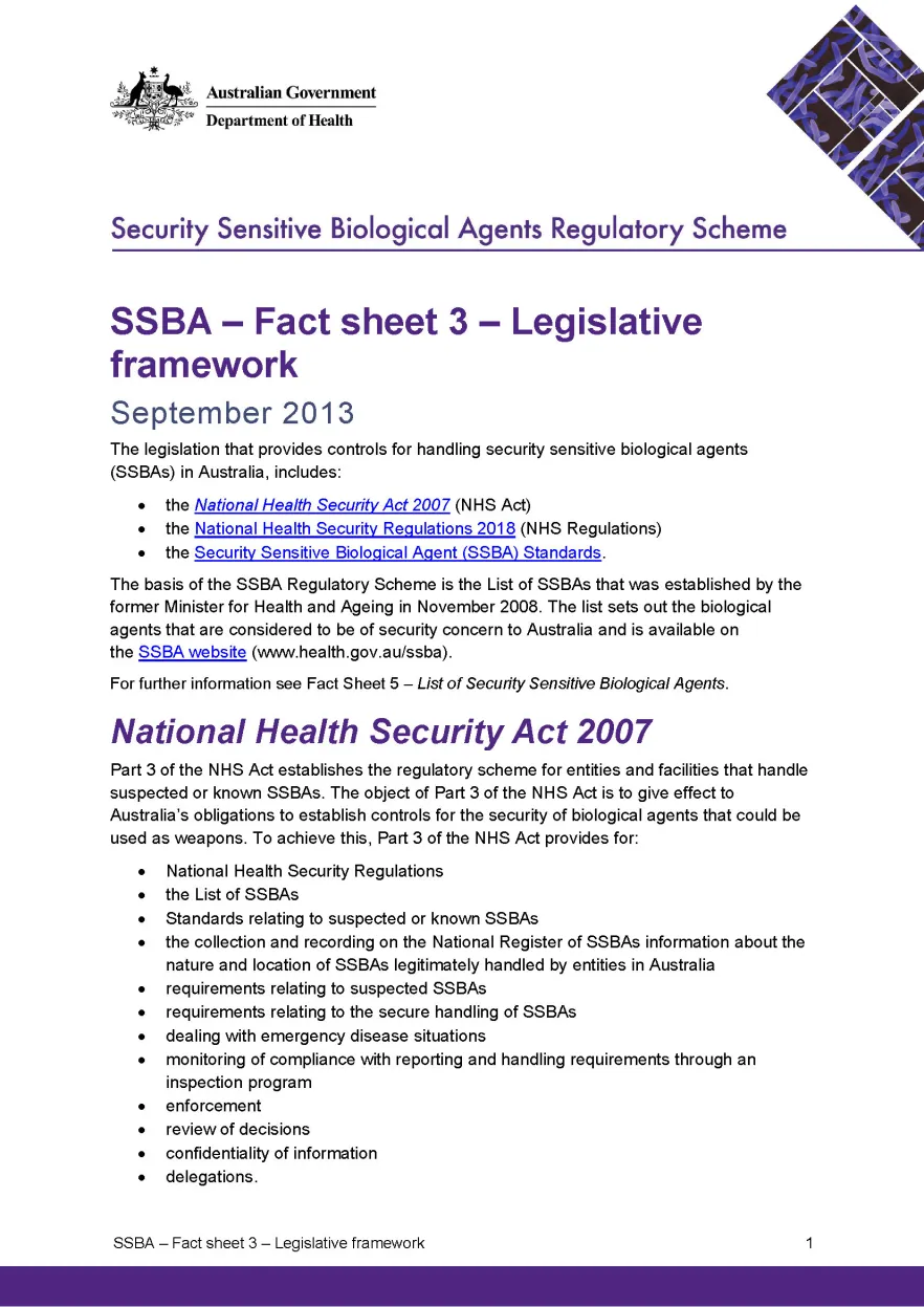 SSBA – Fact sheet 3 – Legislative framework