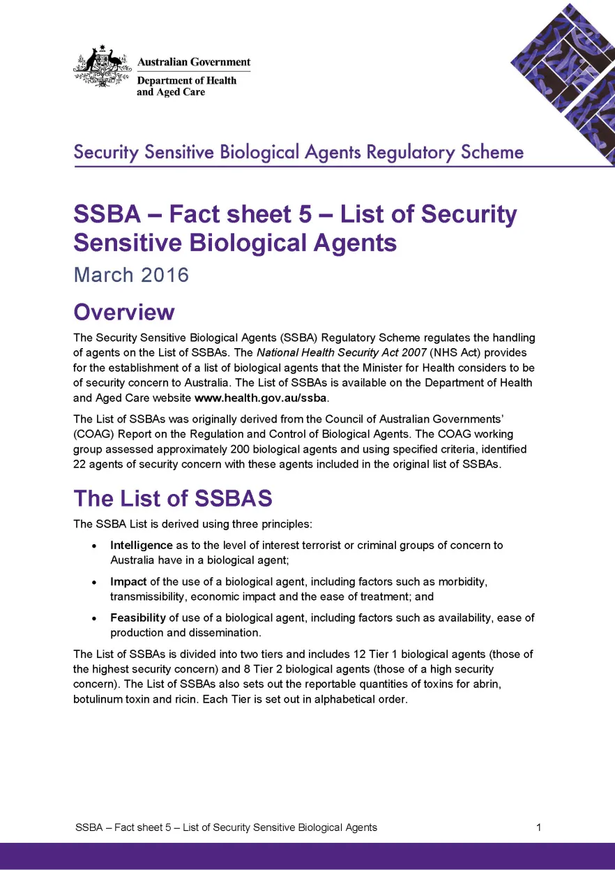 SSBA – Fact sheet 5 – List of SSBAs