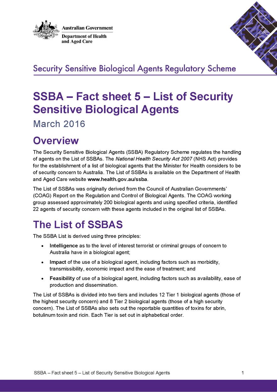 SSBA – Fact sheet 5 – List of SSBAs