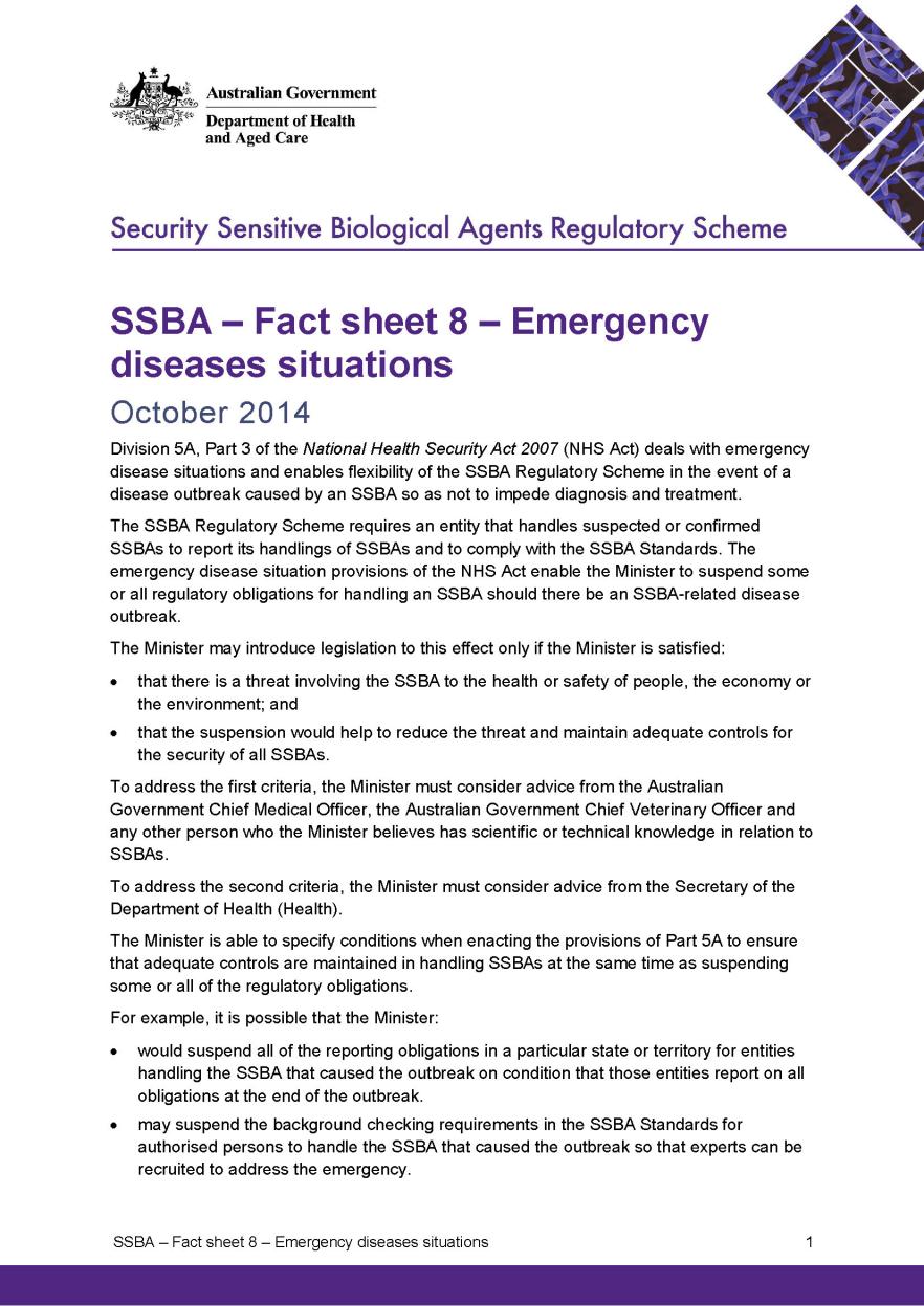 SSBA – Fact sheet 8 – Emergency disease situation