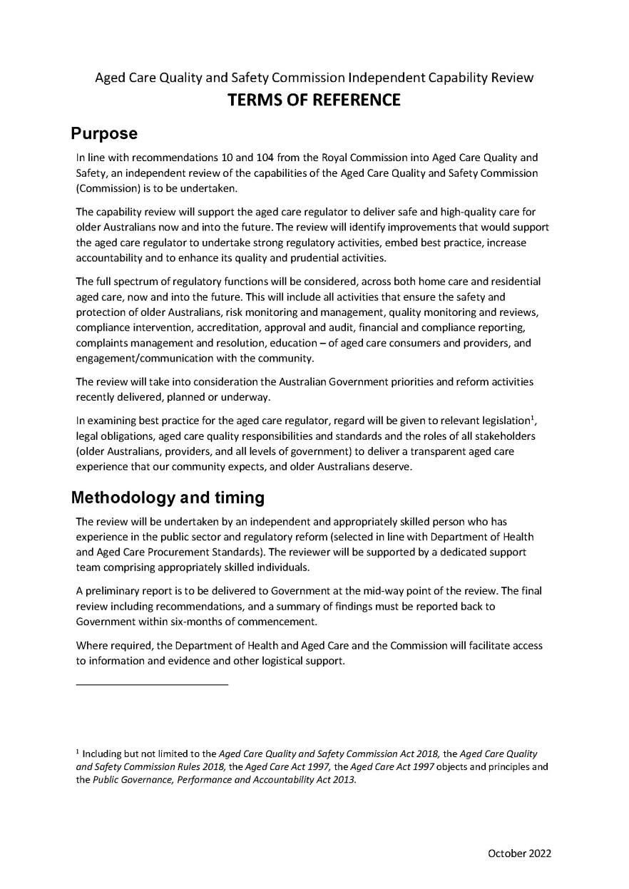 Terms of reference – Aged Care Quality and Safety Commission capability review