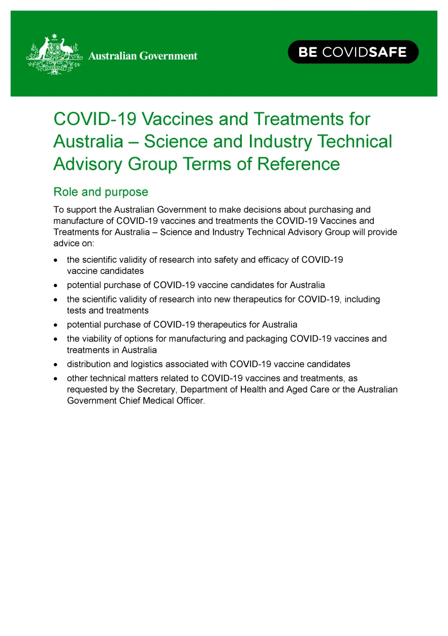 The COVID-19 Vaccines and Treatments for Australia – Science and Industry Technical Advisory Group Terms of Reference cover