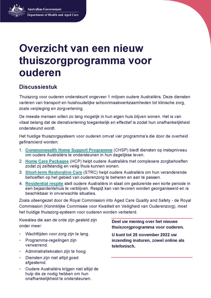 Cover pages from Dutch – Overview of A New Program for In-Home Aged Care