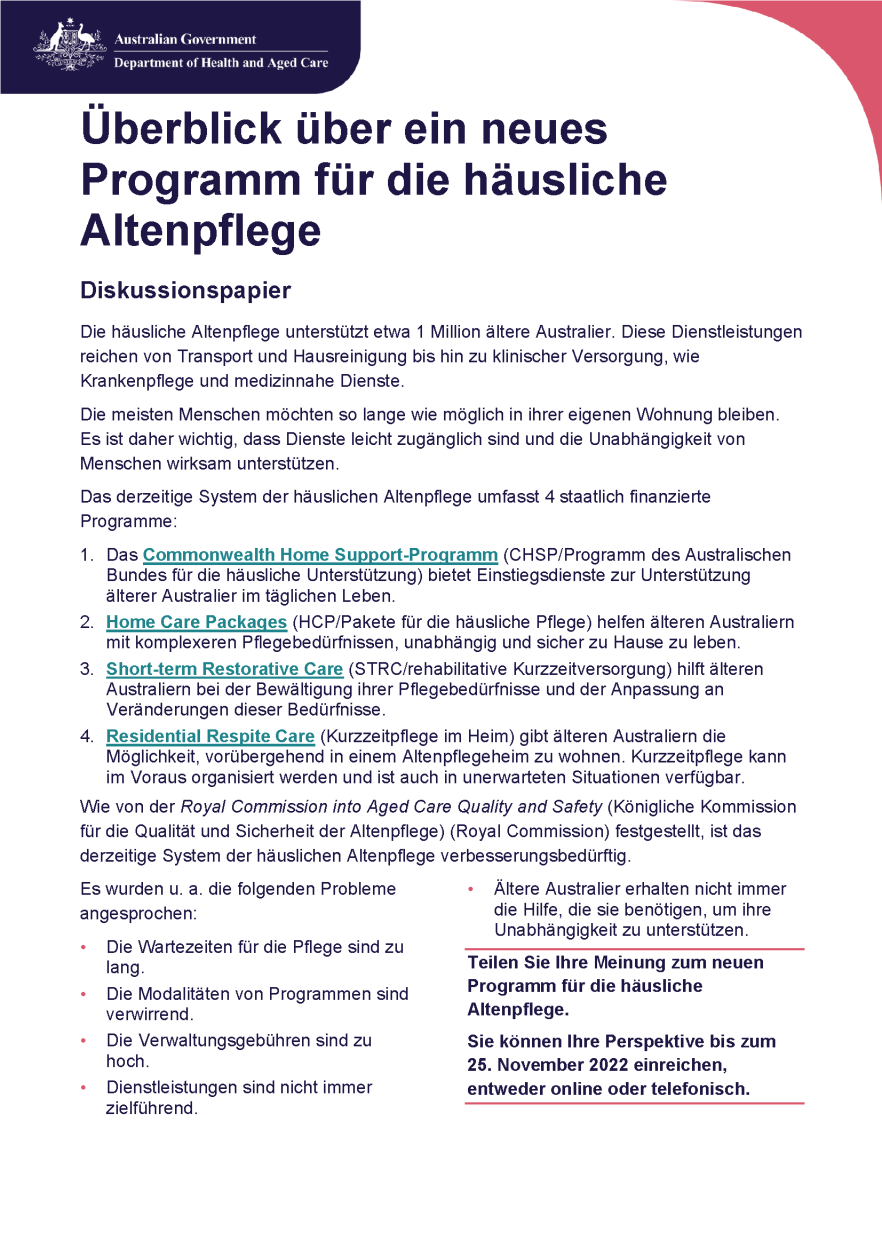 Cover pages from German – Overview of A New Program for In-Home Aged Care