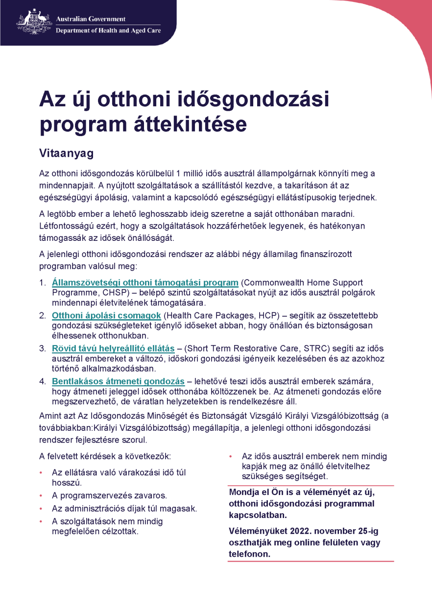 Cover pages from Hungarian – Overview of A New Program for In-Home Aged Care