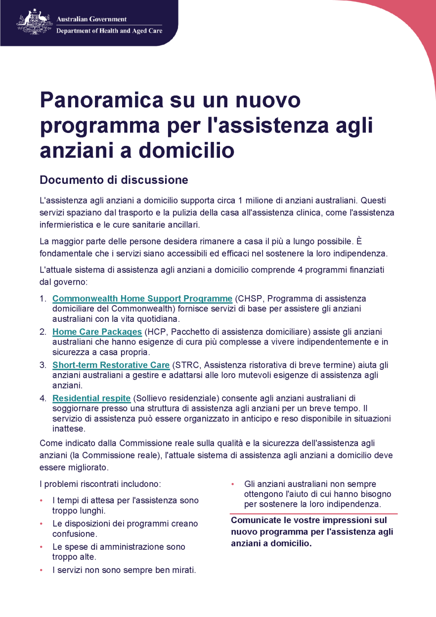 Cover pages from Italian – Overview of A New Program for In-Home Aged Care