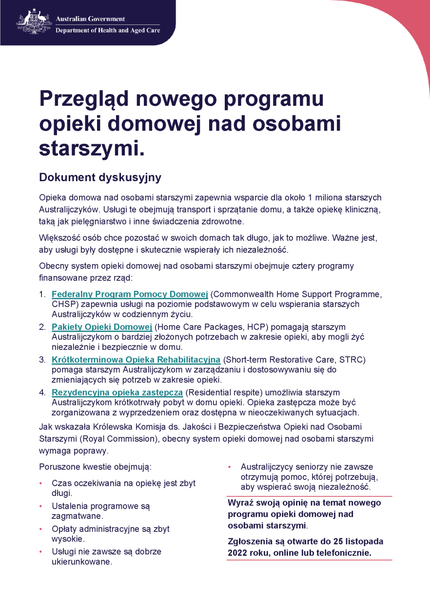 Cover pages from Polish – Overview of A New Program for In-Home Aged Care