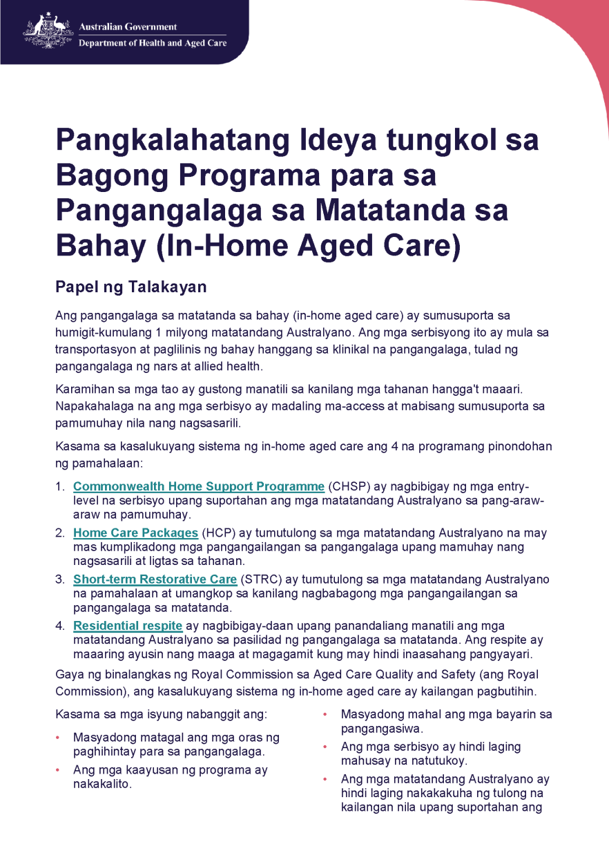 Cover pages from Tagalog – Overview of A New Program for In-Home Aged Care
