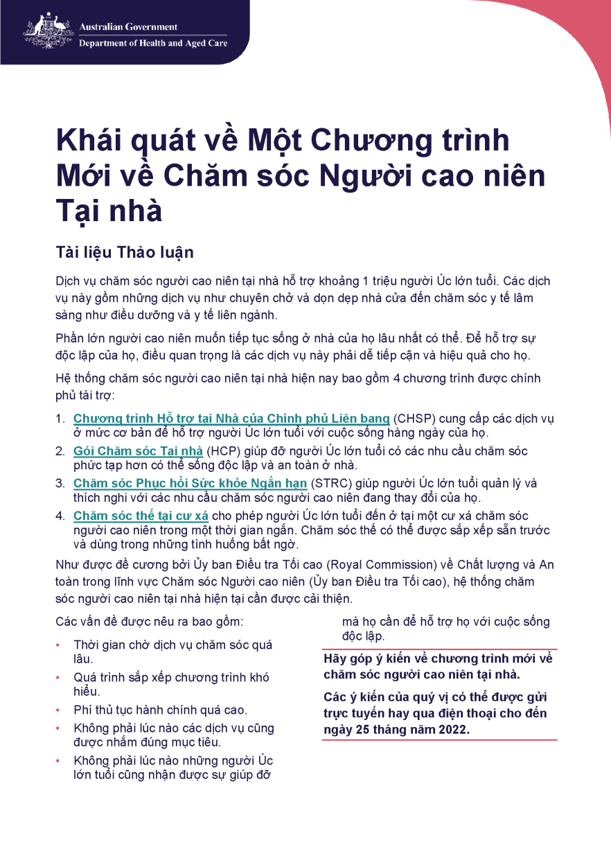 Cover pages from Vietnamese – Overview of A New Program for In-Home Aged Care