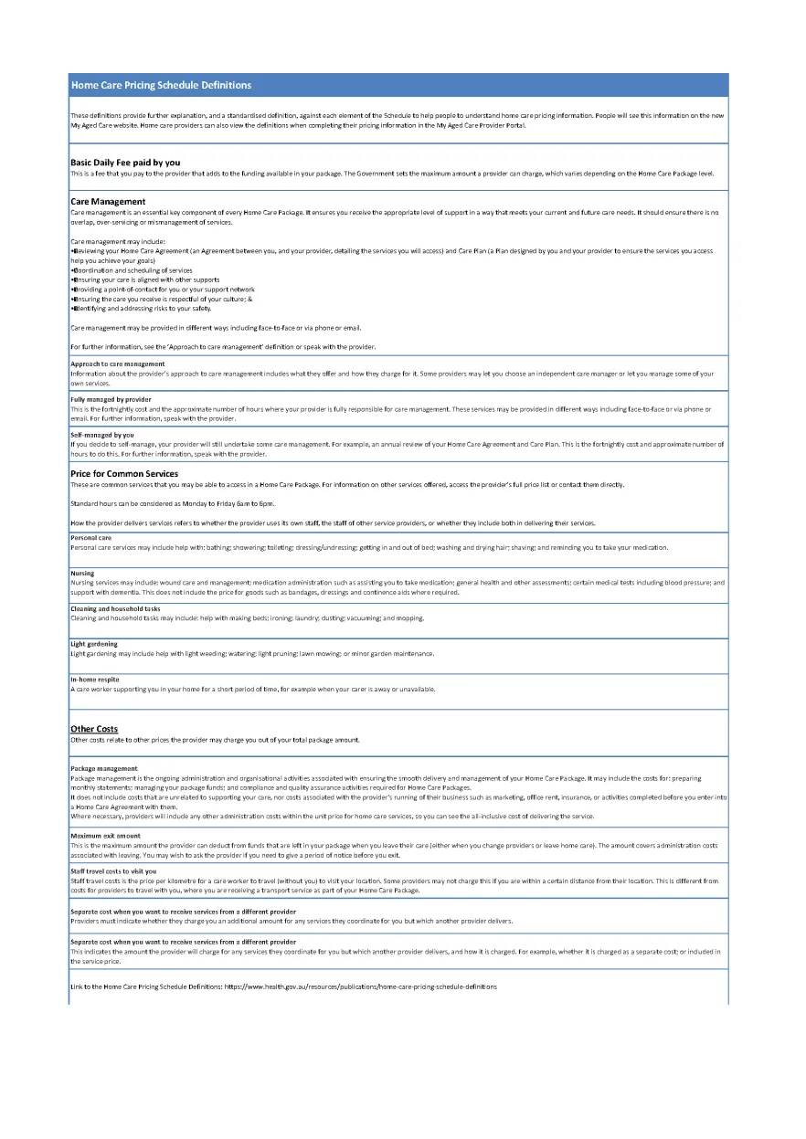 Home Care Package – Published pricing schedule – 30 September 2022 cover page