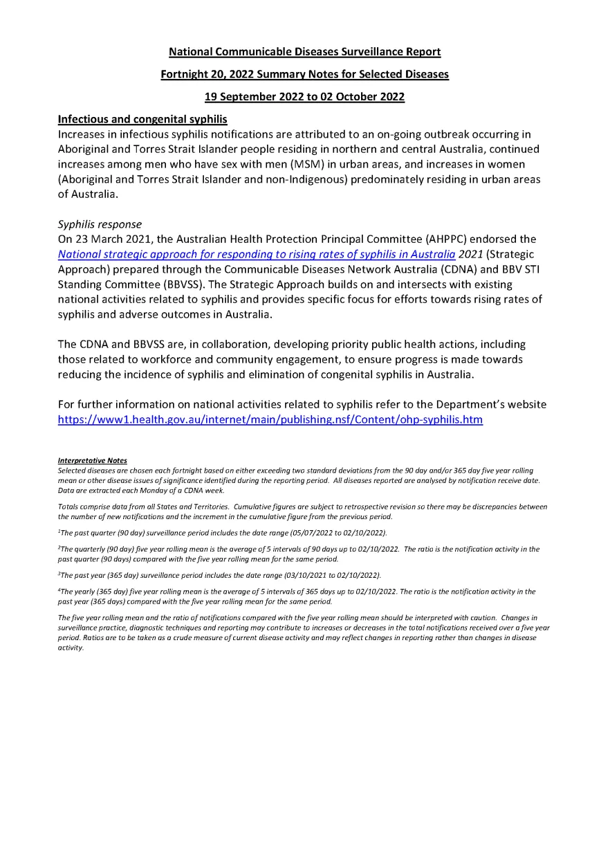 National Notifiable Diseases Surveillance System (NNDSS) fortnightly reports – 19 September to 2 October 2022