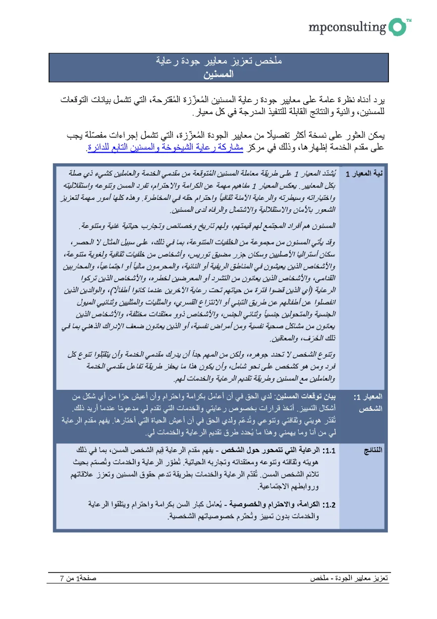 Revised Aged Care Quality Standards – summary draft for public consultation (Arabic) cover page