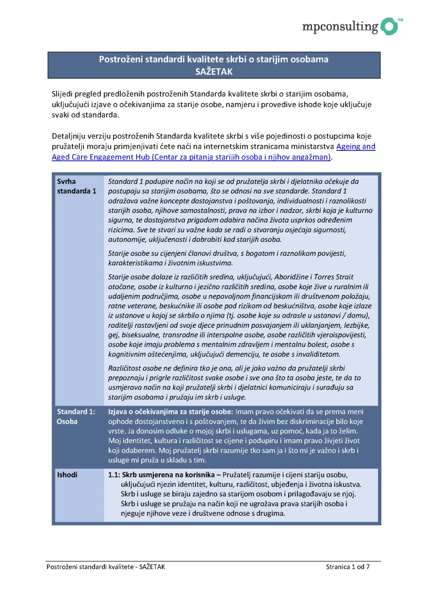 Revised Aged Care Quality Standards – summary draft for public consultation (Croatian)