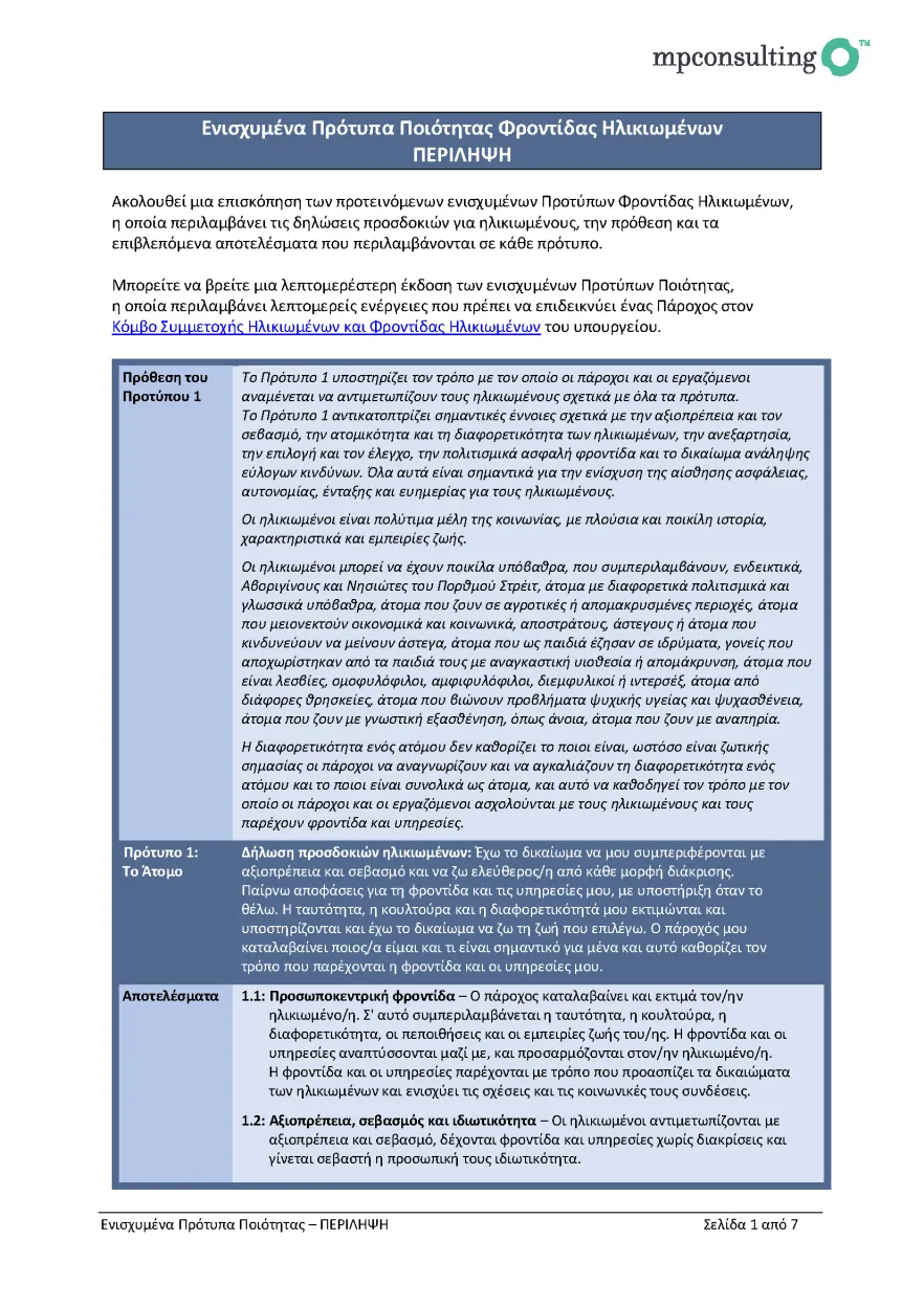 Revised Aged Care Quality Standards – summary draft for public consultation (Greek) cover image