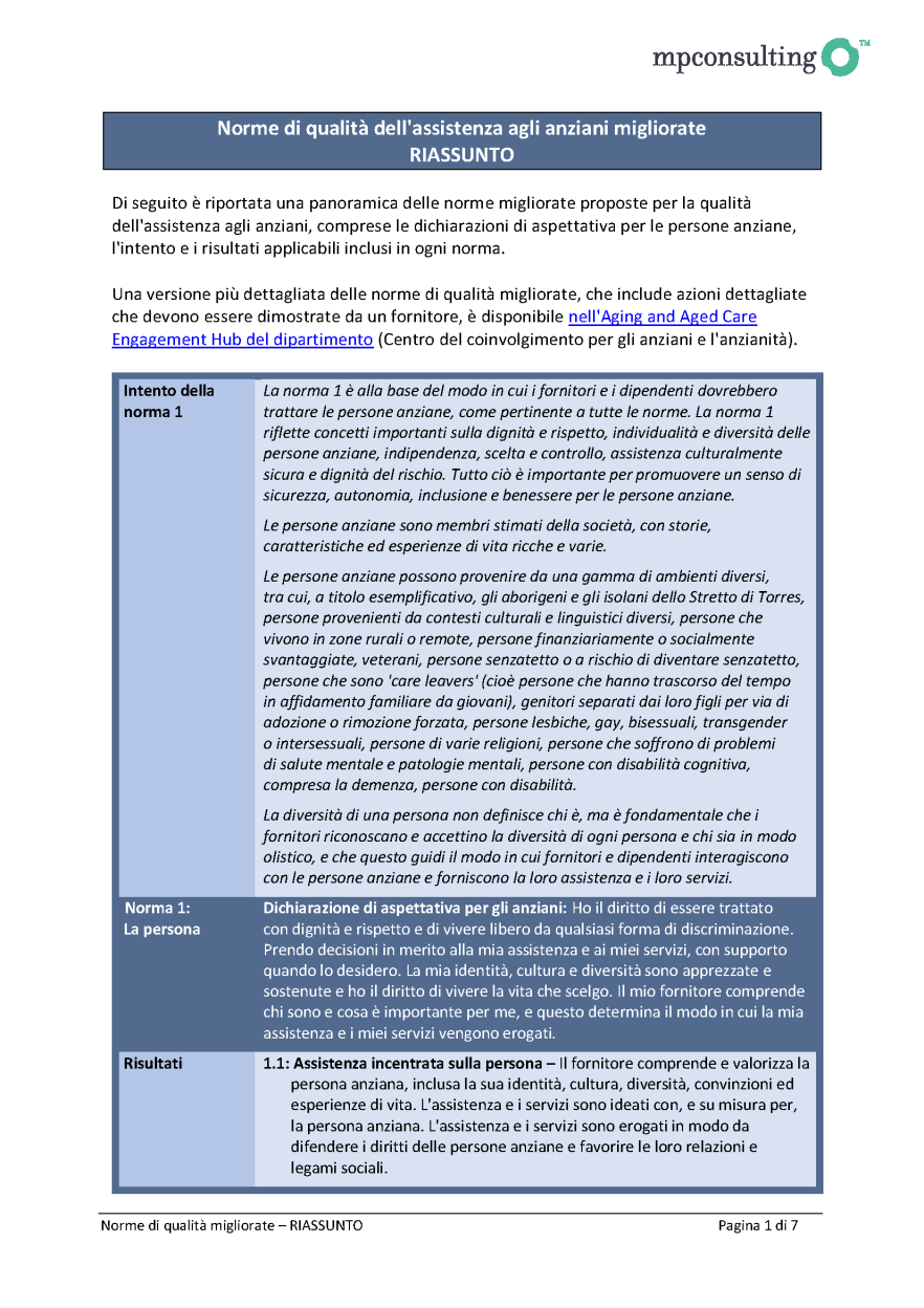  Revised Aged Care Quality Standards – summary draft for public consultation (Italian) cover image