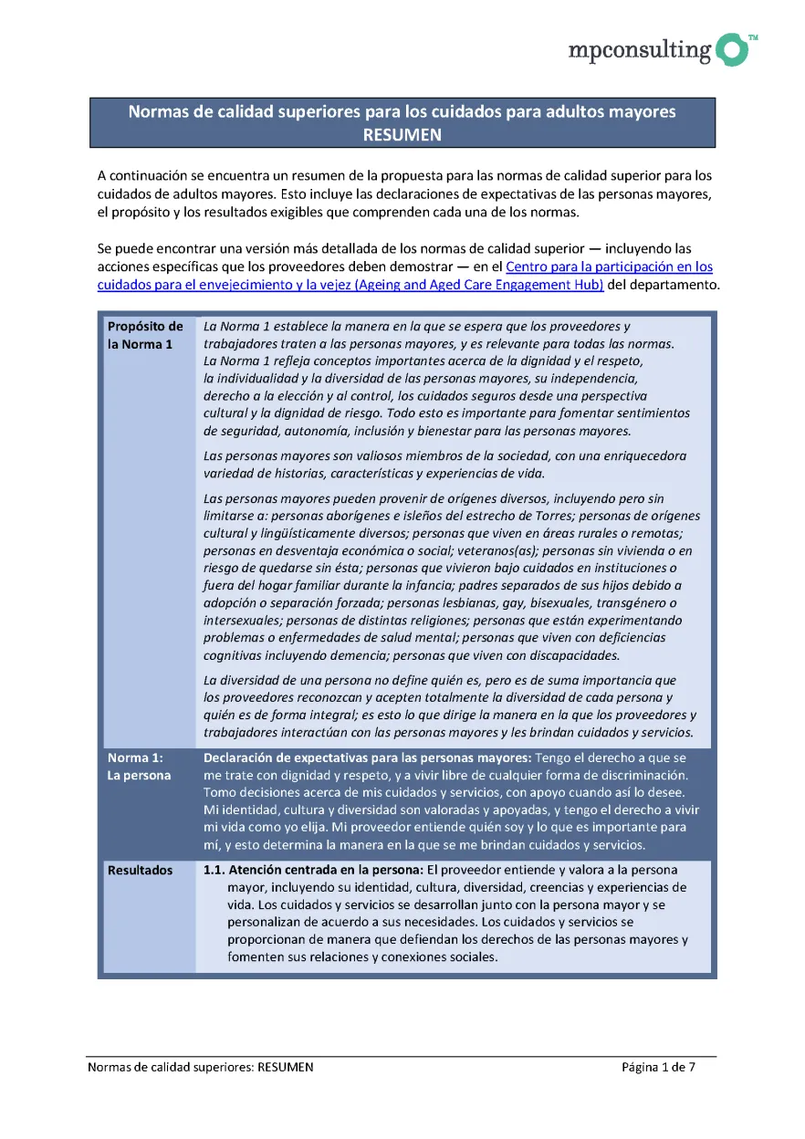 Revised Aged Care Quality Standards – summary draft for public consultation (Spanish) cover image