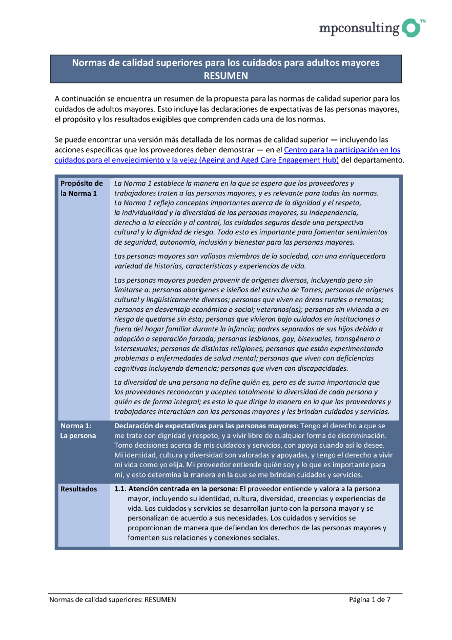 Revised Aged Care Quality Standards – summary draft for public consultation (Spanish) cover image