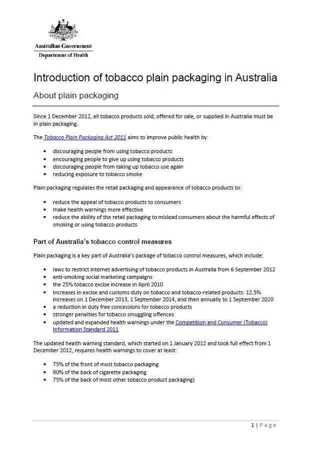 Cover image for Introduction to tobacco plain packaging in Australia