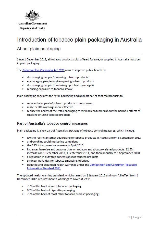 Cover image for Introduction to tobacco plain packaging in Australia