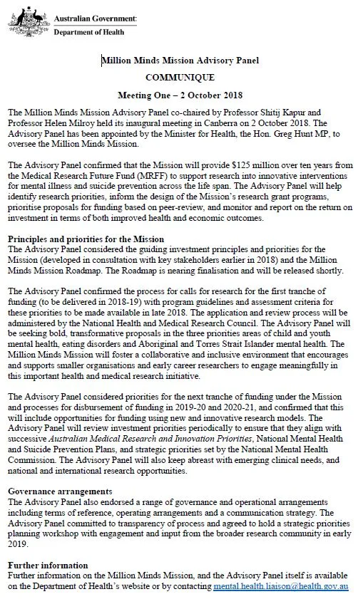 Million Minds Mission Advisory Panel Communique (2 October 2018)