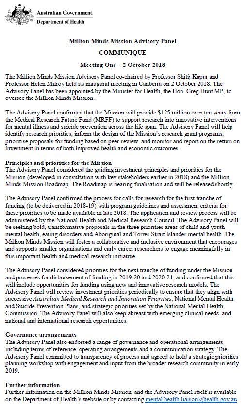 Million Minds Mission Advisory Panel Communique (2 October 2018)