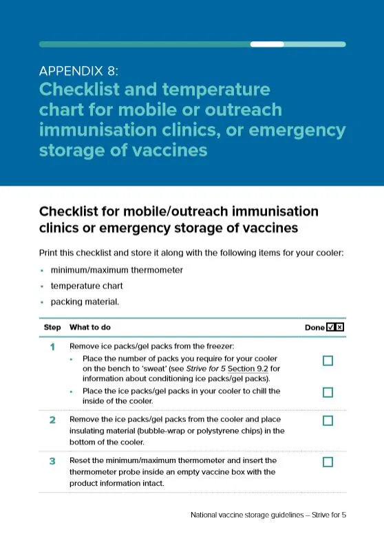 National Vaccine Storage Guidelines ‘Strive for 5’, Appendix 8 - Checklist: Mobile and emergency storage 
