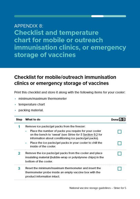 National Vaccine Storage Guidelines ‘Strive for 5’, Appendix 8 - Checklist: Mobile and emergency storage 