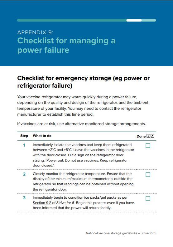 National Vaccine Storage Guidelines - ‘Strive for 5’ - Appendix 9 - Checklist for managing a power failure