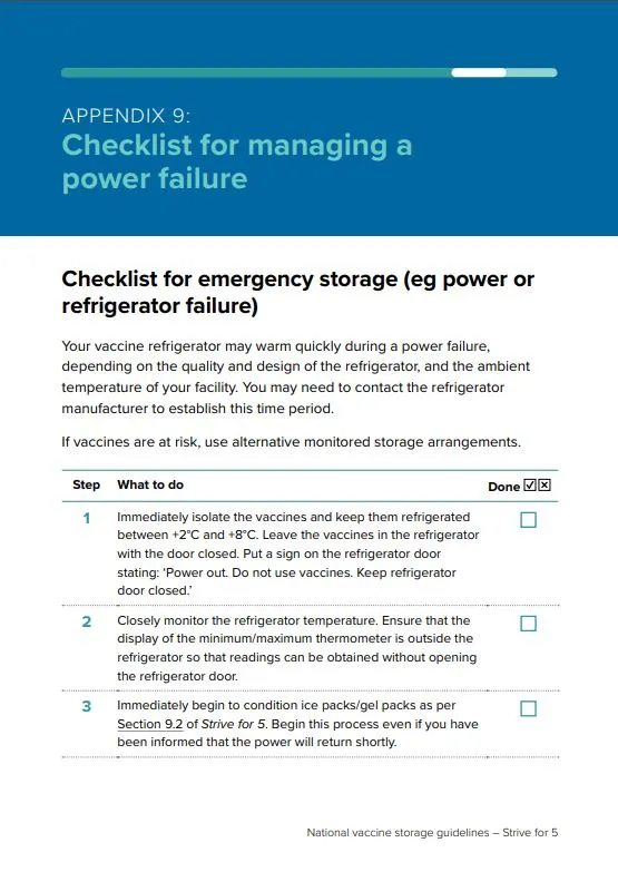 National Vaccine Storage Guidelines - ‘Strive for 5’ - Appendix 9 - Checklist for managing a power failure