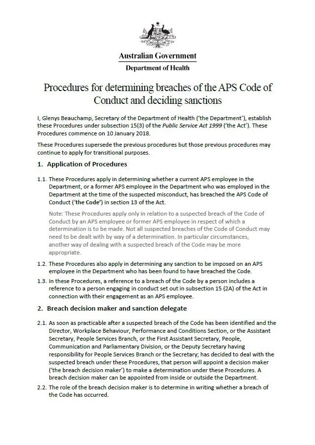 Cover image for Procedure for determining breaches of the APS Code of Conduct