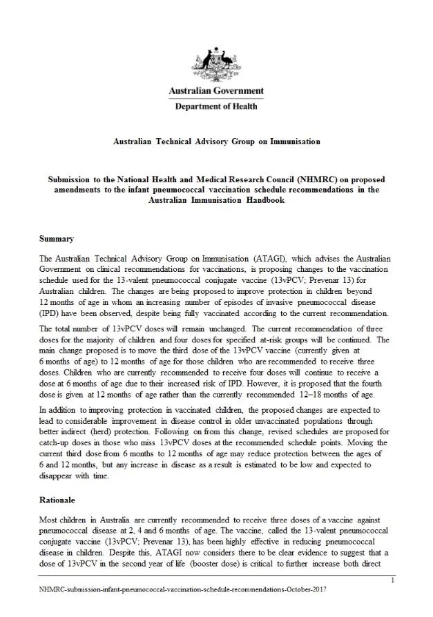 ATAGI submission to the NHMRC re infant pneumococcal vaccination schedule