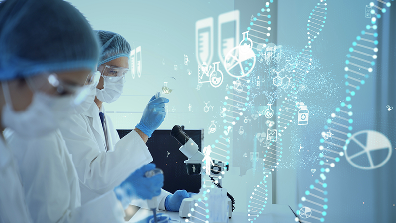Scientists in genetics laboratory