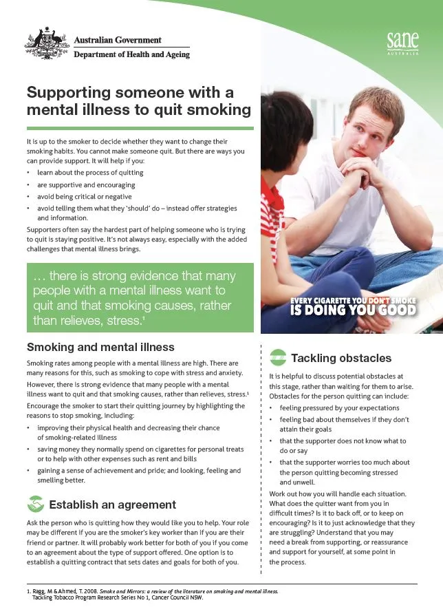 Cover image for the Supporting someone with a mental illness to quit fact sheet