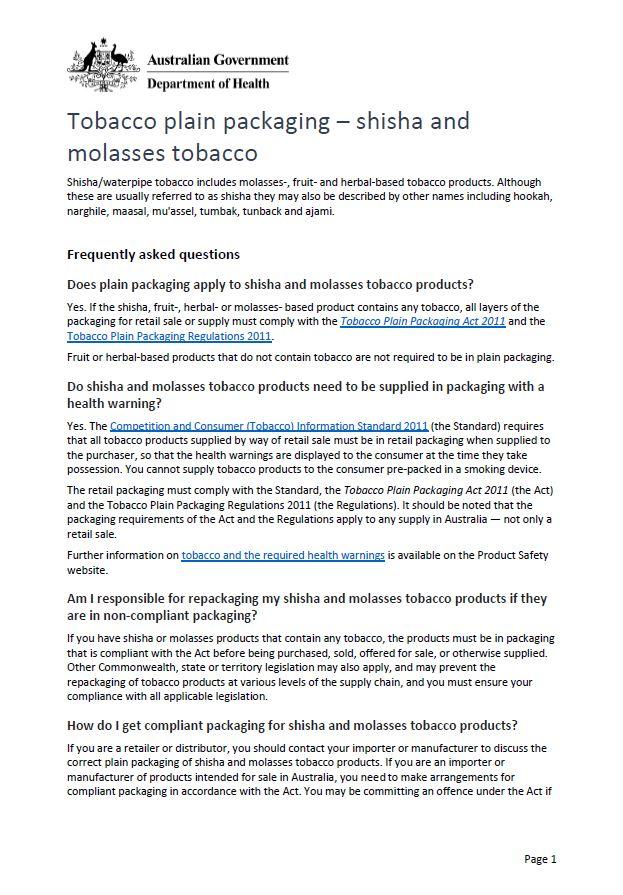 Cover image for Tobacco plain packaging – shisha and molasses tobacco fact sheet