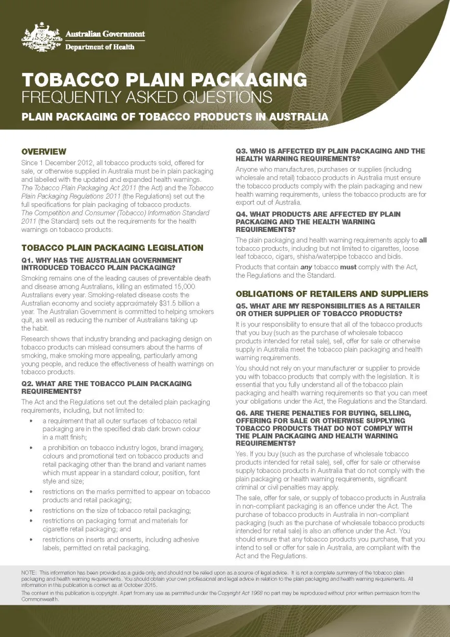 Cover image for plain packaging of tobacco products in Australia fact sheet