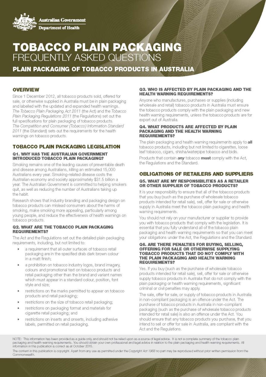 Cover image for plain packaging of tobacco products in Australia fact sheet