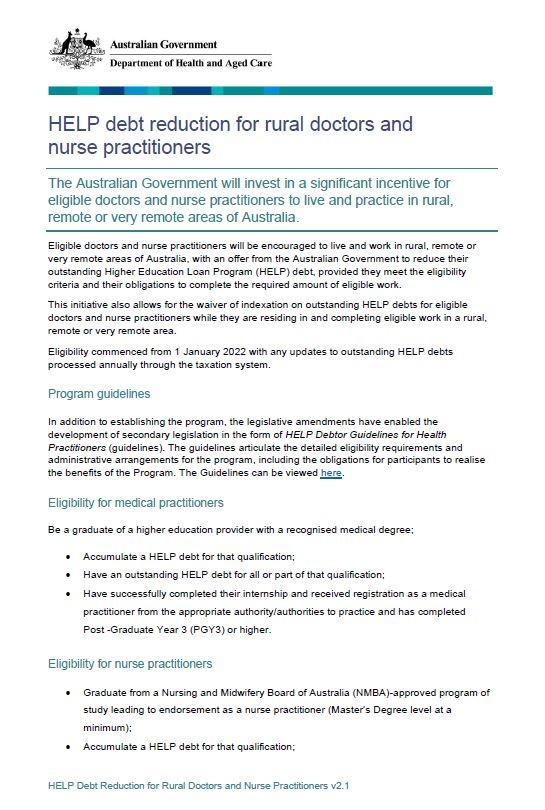 Fact sheet – HELP for Rural Doctors and Nurse Practitioners