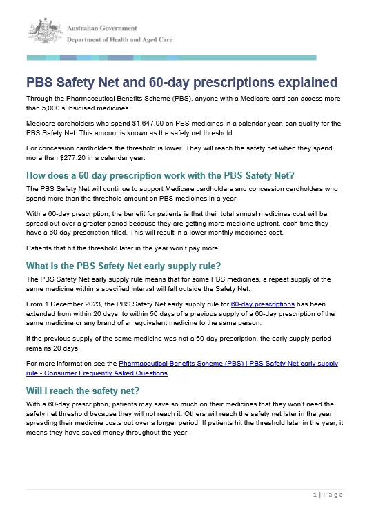 PBS Safety Net and 60-day prescriptions explained