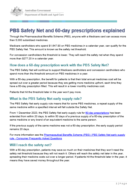 PBS Safety Net and 60-day prescriptions explained