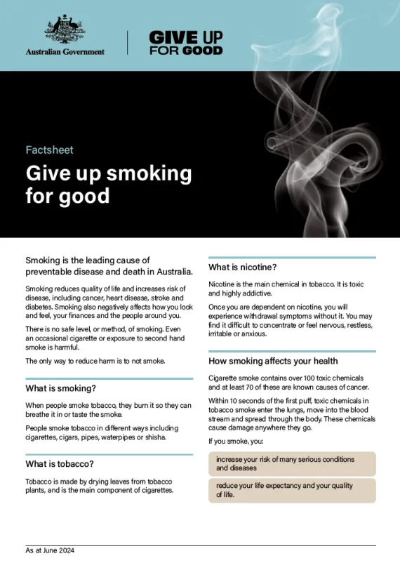 Cover of factsheet - Give up smoking for good
