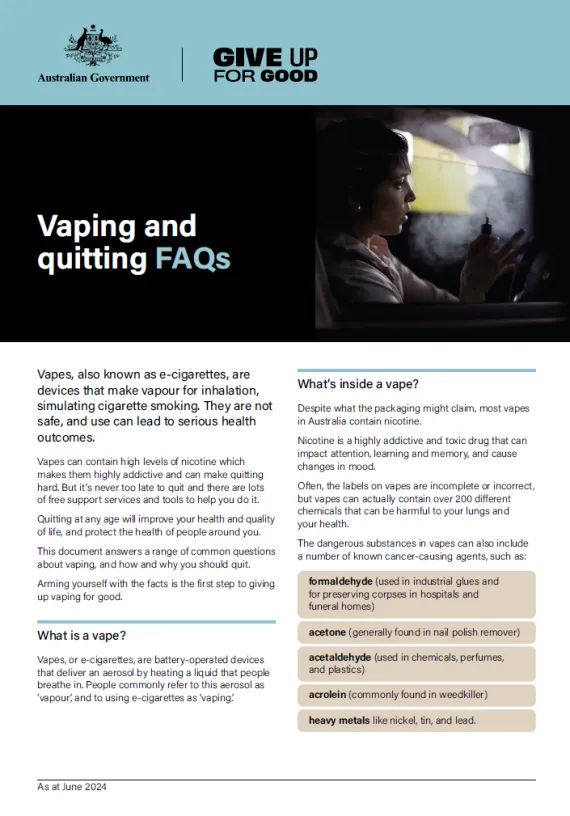 Cover page of the Vaping and Quitting FAQs document