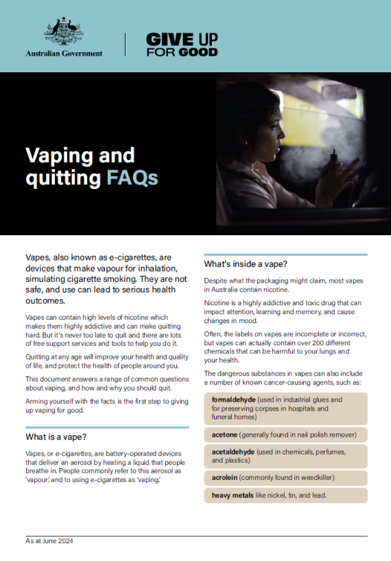 Cover page of the Vaping and Quitting FAQs document