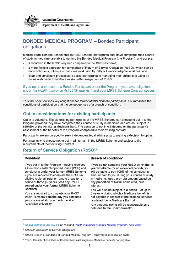 Cover image for the Obligation fact sheet – Medical Rural Bonded Scholarship Scheme Participants