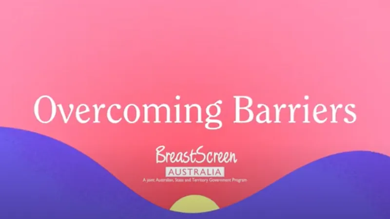 Illustrated sunrise with text ‘Overcoming Barriers. BreastScreen Australia. A joint Australian, State and Territory Government Program.’