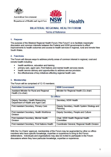 Cover image for Bilateral Regional Health Forum – Terms of reference