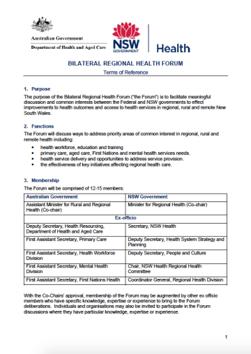 Cover image for Bilateral Regional Health Forum – Terms of reference