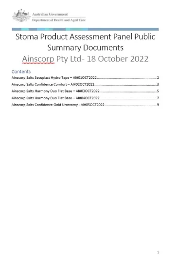 Cover image Stoma product assessment panel - Public summary document – Ainscorp Pty Ltd